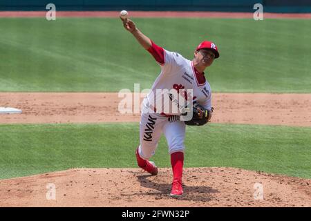 Mexico, Mexico, Mexique. 23 mai 2021. Sasagi Sanchez (46) des Diablos Rojos du Mexique s'oppose aux Aguilas de Veracruz lors du match entre Aguilas de Veracruz et Diablos Rojos dans le cadre de la Ligue mexicaine de baseball 2021 au stade Alfredo Harp Helu le 23 mai 2021 à Mexico. Crédit: Ricardo Flores/eyepix/ZUMA Wire/Alay Live News Banque D'Images