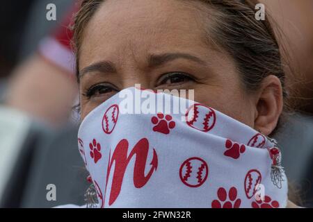 Mexico, Mexico, Mexique. 23 mai 2021. Un fan de Diablos Rojos du Mexique pendant le match entre Aguilas de Veracruz et Diablos Rojos dans le cadre de la Ligue mexicaine de baseball 2021 au stade Alfredo Harp Helu, le 23 mai 2021 à Mexico, Mexique. Crédit: Ricardo Flores/eyepix/ZUMA Wire/Alay Live News Banque D'Images