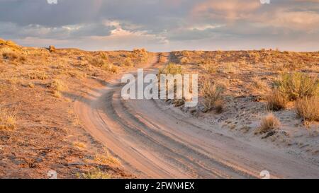 Route de sable dans un désert à la lumière du coucher du soleil, région de San Rafael Swell, Utah Banque D'Images