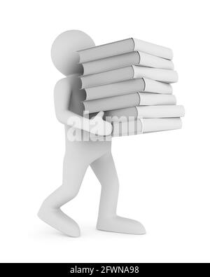 l'homme porte des livres en pile sur fond blanc. Illustration 3D isolée Banque D'Images