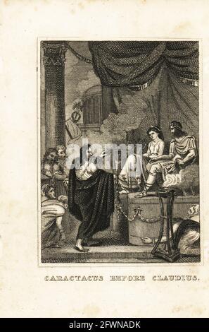 Caratacus, chef britannique captif de la tribu Catuvellauni, parlant en chaîne devant l'empereur Claudius (10BC-54AD) au Sénat romain. Caractacus avant Claudius. Gravure sur plaque de coperplate de l'histoire de l'Angleterre de M. A. Jones de Julius Caesar à George IV, G. Virtue, 26 Ivy Lane, Londres, 1836. Banque D'Images