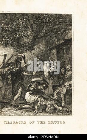 Centurions romains abattant des druides sur l'île de Mona (Anglesey), 60AD. Sous le général Suetonius Paulinus, les Romains massacrent les Druides et les Celtes sur l'île. Massacre de la gravure de druides Copperplate de l’histoire de l’Angleterre de M. A. Jones de Julius Caesar à George IV, G. Virtue, 26 Ivy Lane, Londres, 1836. Banque D'Images