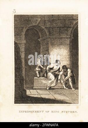 Roi Stephen dans des chaînes dans un donjon au château de Bristol, 1141. Il a été capturé par Robert Earl de Gloucester et l'impératrice Matilda. Emprisonnement du roi Stephen. Gravure sur plaque de coperplate de l'histoire de l'Angleterre de M. A. Jones de Julius Caesar à George IV, G. Virtue, 26 Ivy Lane, Londres, 1836. Banque D'Images