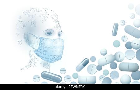 Femme médecin scientifiques pilules de vaccin. Sécurité masque médical protection contre les virus. Développement d'un traitement de la pneumonie à coronavirus pandémique. Soins de santé Illustration de Vecteur