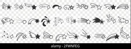 Jeu d'étoiles volantes et de caniche de comète. Collection de différentes étoiles dessinées à la main et comète en mouvement dans le ciel dans différents styles en lignes isolées sur fond transparent Illustration de Vecteur
