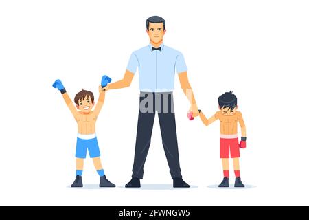 Arbitre éclairant la main du gagnant debout avec le perdant dans l'anneau de boxe. Boxe professionnelle chez les garçons concept de sport et de mode de vie sain. Dessin animé Illustration de Vecteur