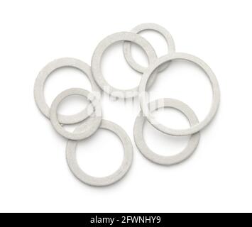 Vue de dessus de divers joints paronites isolés sur blanc Banque D'Images