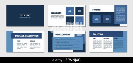 Modèle de présentation. Motif rectangles bleus plat, fond blanc. 6 lames. Processus, développement, solution, éléments, titre. Un document d'entreprise moderne Illustration de Vecteur