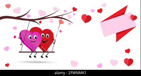 Couple de Saint-Valentin. Personnages adorables des amoureux. Couple de deux coeurs affectueux balançant sur l'oscillation. Illustration de Vecteur