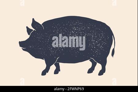 Porc, porc. Imprimé rétro vintage, dessin de cochon blanc noir, style Old School grunge. Cochon noir isolé sur fond blanc. Profil de vue latérale. Illustration vectorielle Illustration de Vecteur