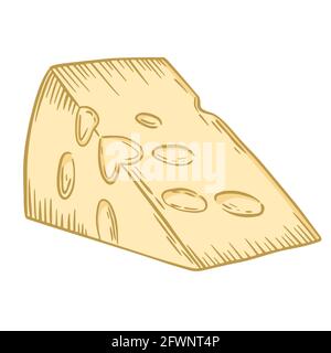 Un morceau de fromage Maasdam. Vecteur. Fromage avec trous. Pièce rectangulaire, partie d'une tête de fromage. Dessin à la main. Produit laitier jaune vif. Illustration de Vecteur