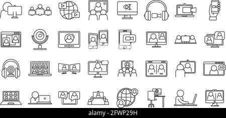 Ensemble d'icônes de réunion en ligne en direct, style de contour Illustration de Vecteur