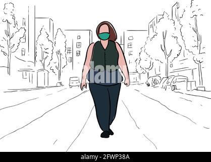 Femme avec masque de marche dans l'illustration de vecteur de rue Illustration de Vecteur