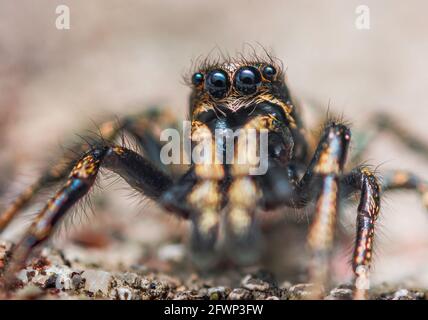 Araignée sautant Salticus cingulatus. Yeux de Salticus cingulatus. Portrait drôle d'araignée Banque D'Images