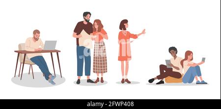 Illustrations vectorielles plates et créatives isolées sur fond blanc. Des hommes et des femmes souriants et heureux créent des projets de conception, discutent de leur travail, travaillent sur un ordinateur portable et présentent des projets de conception. Illustration de Vecteur