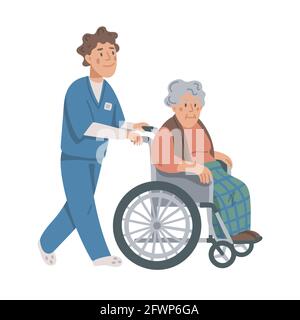Femme âgée en fauteuil roulant et infirmière sur fond blanc. Travailleur social marchant avec une grand-mère en fauteuil roulant. Maison de soins. Personnes âgées Illustration de Vecteur