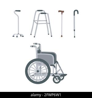 Fauteuil roulant, canne, béquille, randonneurs, bâton de marche. Ensemble d'équipement auxiliaire spécial de réadaptation médicale pour personnes âgées sur fond blanc Illustration de Vecteur