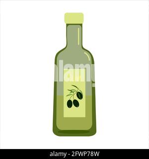 Huile d'olive en bouteille de verre vert foncé, nourriture saine et huiles naturelles, clipart vecteur de style plat, isoler Illustration de Vecteur