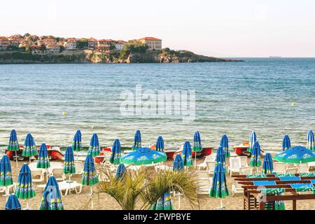 Sozopol, Bulgarie, 31 août 2015 ; vue sur la plage centrale de Sozopol, Bulgarie. Banque D'Images