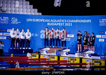 BUDAPEST, HONGRIE - 23 MAI : Kliment Kolesnikov, Kirill Prigoda, Mikhail Vekovishchev, Andrei Minakov, de Russie, vainqueur de la médaille d'argent, Luke Greenban Banque D'Images