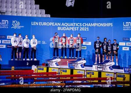 BUDAPEST, HONGRIE - 23 MAI : Kliment Kolesnikov, Kirill Prigoda, Mikhail Vekovishchev, Andrei Minakov, de Russie, vainqueur de la médaille d'argent, Luke Greenban Banque D'Images