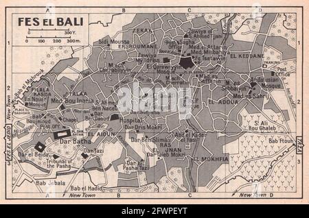 FES el Bali ville d'époque plan touristique. Fez, Maroc 1966 ancienne carte d'époque Banque D'Images