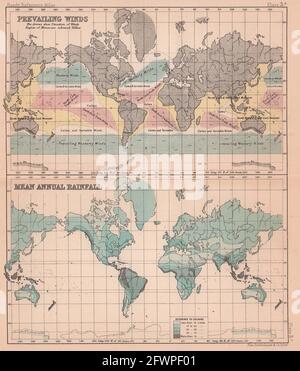 Vents dominants et précipitations annuelles moyennes. Monde. BARTHOLOMEW 1893 vieille carte Banque D'Images