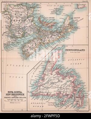 Nouvelle-Écosse, Nouveau-Brunswick, Î.-P.-É. Et Terre-Neuve. Canada. BARTHOLOMEW 1893 carte Banque D'Images