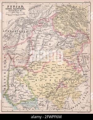 Inde britannique NW. Punjab Sindh Rajputana Cachemire Pakistan. BARTHOLOMEW 1893 carte Banque D'Images