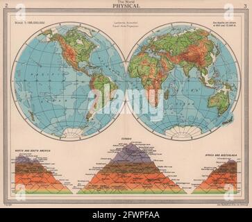 Monde - physique. Hémisphères. Montagnes. BARTHOLOMEW 1949 ancienne carte d'époque Banque D'Images