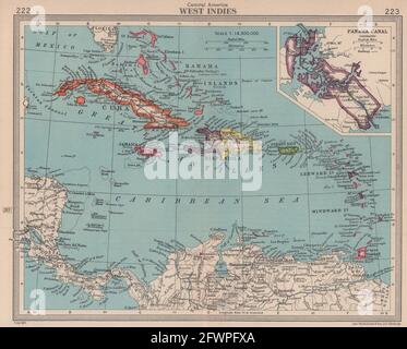 Antilles et canal de Panama. BARTHOLOMEW 1949 carte ancienne carte plan graphique Banque D'Images