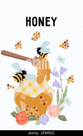 Carte ou étiquette avec pot de miel et abeilles, illustration vectorielle plate isolée sur fond blanc. Emblème pour l'apiculture et l'apiculture, emballage au miel Illustration de Vecteur