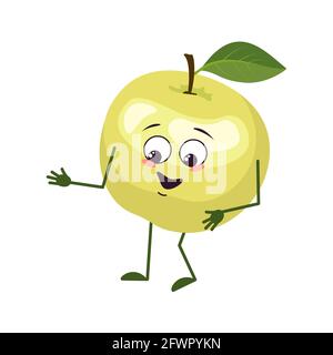 Adorable personnage de pomme avec des émotions de joie, visage souriant, yeux heureux, bras et jambes. Un héros de fruits verts espiègle Illustration de Vecteur