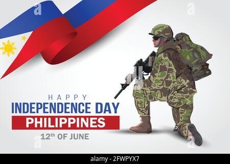 Illustration du 12 juin de fond pour le jour heureux de l'indépendance Philippines. Un soldat avec une arme à feu et un drapeau. Illustration vectorielle. Illustration de Vecteur