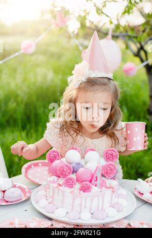 Joyeux Anniversaire Petite Fille Faire Souhait Bougies Soufflantes Sur Le Gateau Avec Decor Rose Dans Le Beau Jardin 4 Ans Anniversaire Enfant Mange Joyeux Anniversaire Rose Cu Photo Stock Alamy