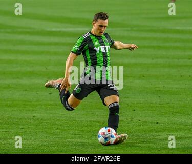 Nashville, Tennessee, États-Unis. 23 mai 2021. Milieu de terrain d'Austin, Jared Stroud (20), en action pendant le match MLS entre le FC d'Austin et le SC de Nashville au Nissan Stadium de Nashville, TN. Kevin Langley/CSM/Alamy Live News Banque D'Images