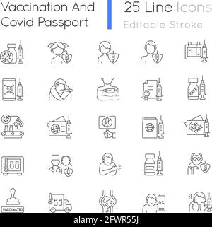 Ensemble d'icônes linéaires de vaccination et de passeport covid Illustration de Vecteur