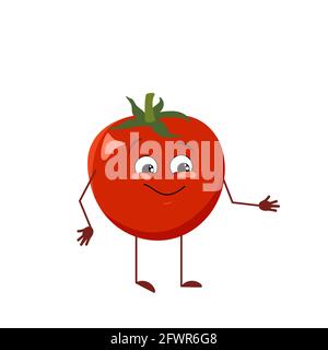 Adorable personnage de tomate avec des émotions de joie, un visage souriant, des yeux heureux, des bras et des jambes. Un héros de légumes rouges espiègle avec les yeux Illustration de Vecteur