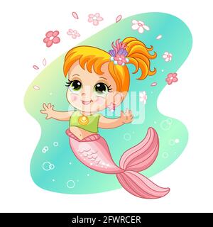 Jolie petite sirène avec conte rose et fleurs. Personnage de dessin animé. Illustration vectorielle isolée sur fond maine. Pour t-shirt, imprimé et desi Illustration de Vecteur