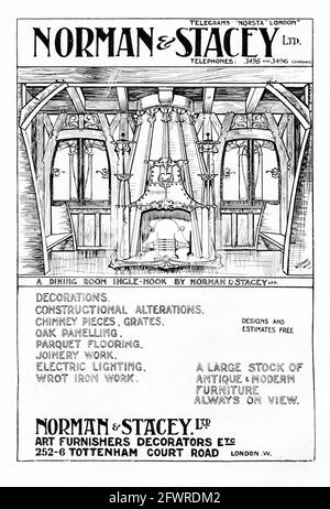 « Norman & Stacey Ltd., décorateurs et cornicheurs d'art ». 1902 publicité de Norman & Stacey Ltd., Tottenham court Rd., Londres pour les décorations de style Art & Crafts et Art Nouveau, modifications de construction, cheminées, grilles, lambris en chêne, parquet, menuiserie, éclairage électrique et fer à repasser. Banque D'Images