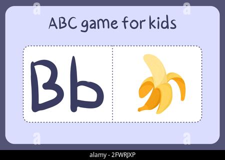 Mini-jeux d'alphabet pour enfants de style dessin animé avec la lettre B - banane. Illustration vectorielle pour la conception de jeux - couper et jouer. Apprenez l'abc avec des cartes flash de fruits et légumes. Illustration de Vecteur