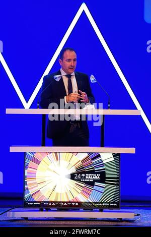 Malaga, Espagne. 07e mai 2021. Le directeur de SUR Newspaper, Manolo Castillo, assiste à la présentation de la 24e édition du 'Festival de Malaga' au Teatro Cervantes à Malaga. Le Festival de Malaga 2020 a été le premier événement cinématographique à se tenir en personne après le confinement dû à Covid19 en Espagne. Crédit : SOPA Images Limited/Alamy Live News Banque D'Images