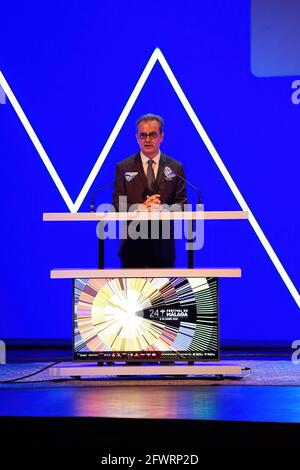 Malaga, Espagne. 7 mai 2021. Le président du Festival de Malaga, Juan Antonio Vigar, assiste à la présentation de la 24e édition du 'Festival de Malaga' au Teatro Cervantes à Malaga.le Festival de Malaga 2020 a été le premier événement cinématographique à se tenir en personne après le confinement dû à Covid19 en Espagne. Credit: Francis Gonzalez/SOPA Images/ZUMA Wire/Alay Live News Banque D'Images