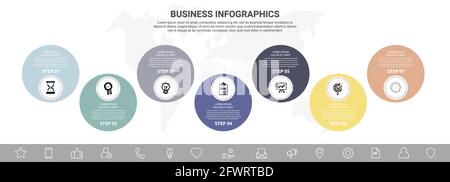 Graphiques vectoriels en sept étapes à partir de cercles avec icônes. Concept de chronologie moderne pour graphique, niveaux, web, diagramme, bannière, présentations, affaires Illustration de Vecteur