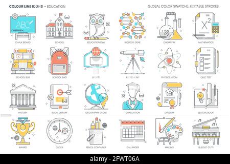 Éducation, école, ligne de couleur, icône vectorielle, jeu d'illustrations. Illustration de Vecteur