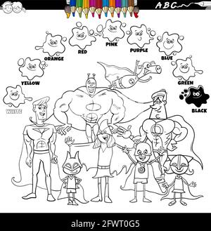 Illustration de dessin animé éducatif noir et blanc de couleurs de base pour enfants avec des personnages super-héros fantaisie groupe coloriage livre page Illustration de Vecteur