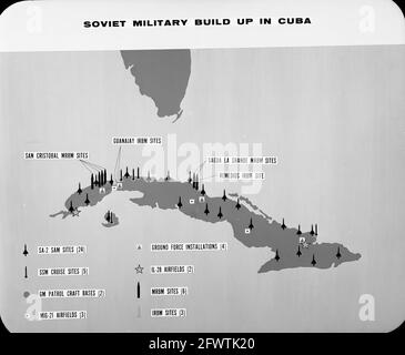 1962: Octobre-novembre la carte du Briefing Board montre la diminution de l'accumulation militaire soviétique à Cuba. Graphique illustrant les types et les emplacements des huit catégories de systèmes d'armes offensives et défensives soviétiques déployés à Cuba à l'automne 1962. Graphique intitulé « Soviet offensive missile Build Up in Cuba », montrant le sud de la Floride et l'île de Cuba avec des icônes représentant les missiles placés à des emplacements approximatifs à l'intérieur de Cuba et identifiés comme type de missile et emplacement. Banque D'Images