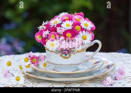 bouquet de fleurs et de pâquerettes roses en coupe vintage Banque D'Images