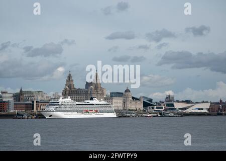 Liverpool, Royaume-Uni, le 24 mai 2021. Le viking Vénus un tout nouveau navire quittera Liverpool après sa première visite dans la ville lancement de la saison de croisière. Le terminal de croisière de Liverpool prévoit environ 80 navires de croisière, ce qui facilite les restrictions de verrouillage. Crédit : Jon Super/Alay Live News. Banque D'Images