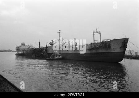 Explosion à bord d'un pétrolier norvégien dans le port de Rotterdam, grand trou sur le côté du pétrolier, 30 janvier 1973, ports, explosions, Tankers, pays-Bas, agence de presse du XXe siècle photo, news to remember, documentaire, photographie historique 1945-1990, histoires visuelles, L'histoire humaine du XXe siècle, immortaliser des moments dans le temps Banque D'Images